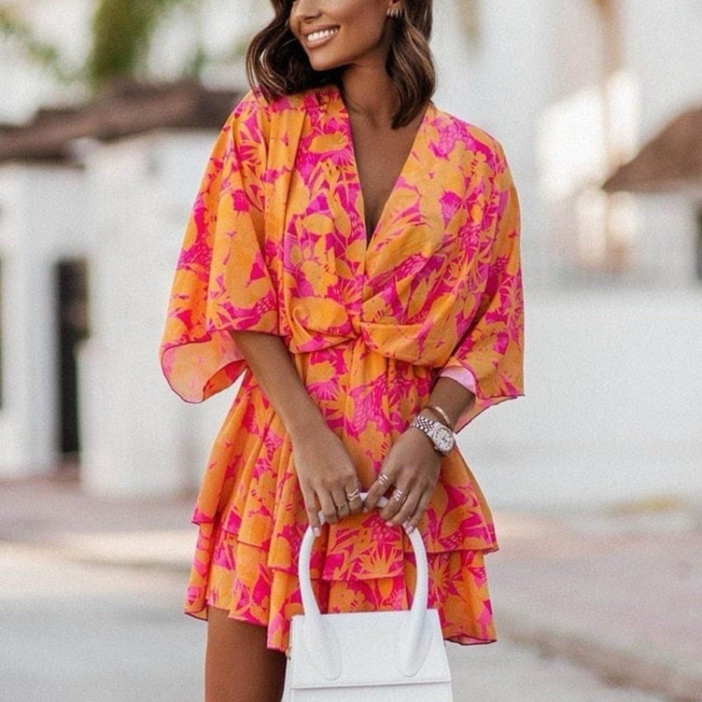 Bright Pink & Orange Floral Mini Dress